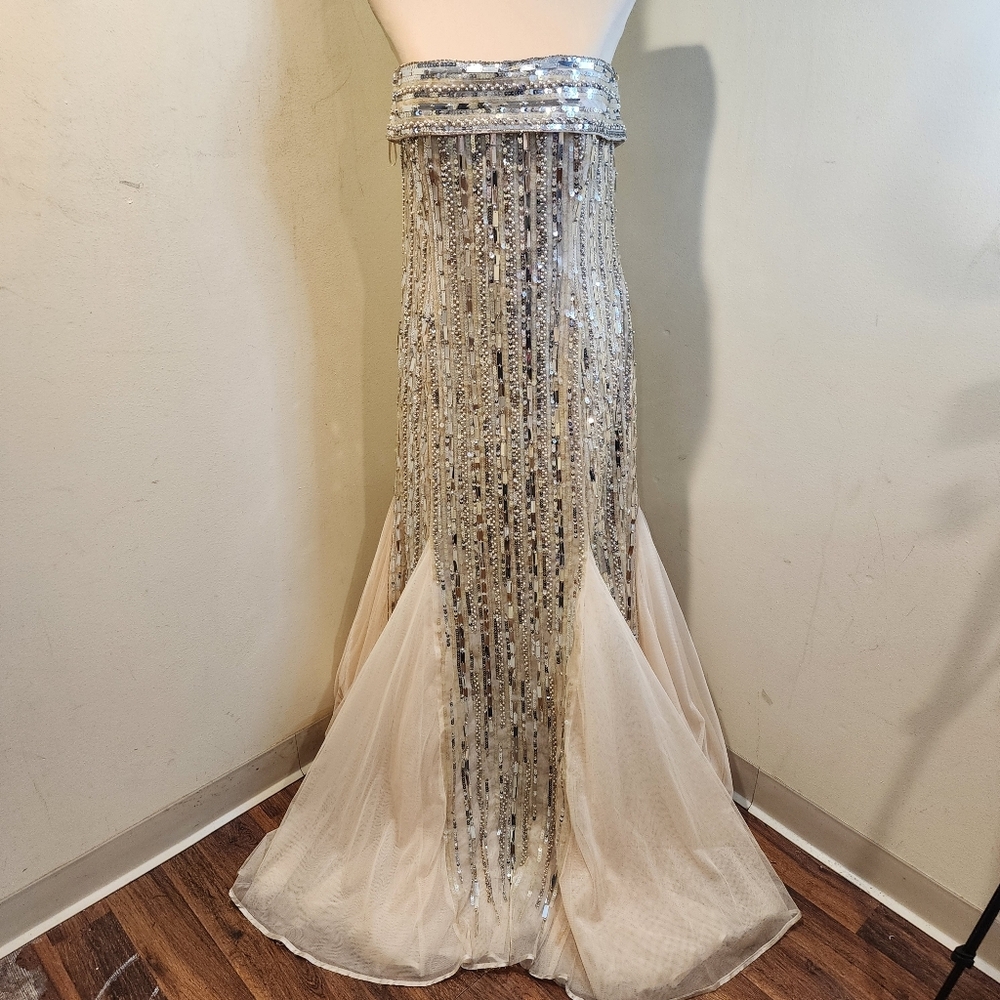 JOVANI Silver and Cream Sequin Strappled Prom Gown Sz 14